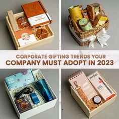 four different pictures with the words corporate gifting trend your company must adopt in 2013