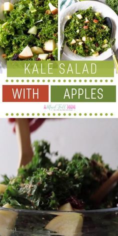 kale salad with apples in a glass bowl