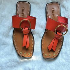 Brand New Without Tags. Tried On But Never Worn Out Of House. Shoes Orange, Uniqlo Bags, Vintage Chanel Handbags, Leather Slide Sandals, House Sold, Denim Shoes, Leather Wedge Sandals, T Strap Sandals, Leather Slides