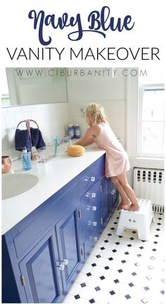 Repainting a basic white vanity with navy blue Satin Enamel paint for an easy… Navy Vanity Bathroom, Blue Vanity Bathroom, Navy Blue Bathroom Vanity, Navy Blue Vanity, Navy Vanity, Navy Blue Bathroom, Easy Bathroom Makeover, Blue Bathroom Vanity, Mold In Bathroom