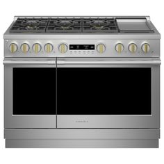 a stainless steel oven with four burners and two doors on the front, side by side