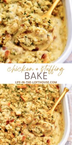 chicken and stuffing bake in a white casserole dish