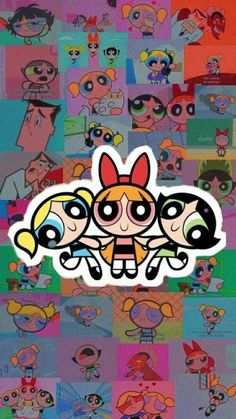 the powerpuff girls sticker is shown on a colorful background