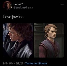 two pictures of the same character in star wars, one with text that reads i love jawline