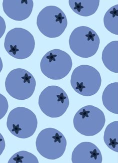 blue circles and stars on a light blue background with black dots in the shape of flowers