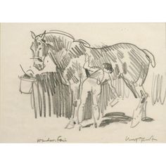 a pencil drawing of a horse standing next to a man with a bucket in his hand