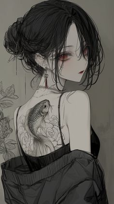 a drawing of a woman with tattoos on her chest and back, holding a fish in her hand