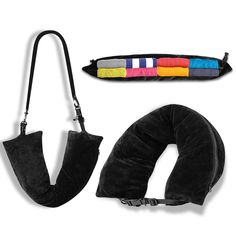 a black neck pillow and travel set on a white background with the strap attached to it