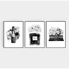 three black and white pictures with flowers, lipstick, and perfume bottle on the wall