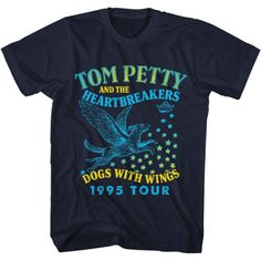 Our Tom Petty and the Heartbreakers concert t-shirt is from the band's 1995 Dogs with Wings Tour. This set of shows was performed following the release of Wildflowers, Tom Petty's second solo release, as well as the release of the band's Greatest Hits album, which featured the hit, Mary Jane's Last Dance, recorded during the Wildflowers sessions. Made from 100% blue cotton, this men's unisex tee has distressed graphics for a vintage look. #tompetty #mensfashion #bandtees #rockerrags Tom Petty T Shirt, Wings Tour, Retro Graphic Tees, Eco Friendly Fabric, Shirts Tops