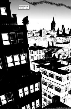 black and white illustration of cityscape with buildings in the foreground