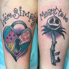 two tattoos on both legs with the words make smiles, meanty joe and jack skelling