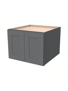 a gray cabinet with two doors and one drawer on the side, in front of a white background