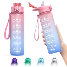 a hand holding a pink and blue water bottle next to four different color options for it