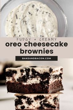 oreo cheesecake brownies are stacked on top of each other