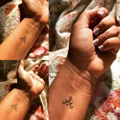 two pictures of hands with tattoos on them and one is holding the other's hand