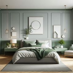 a bedroom with green walls and white furniture