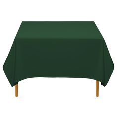 a green table cloth with wooden legs