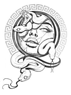 a black and white drawing of a woman's face with snake around her neck