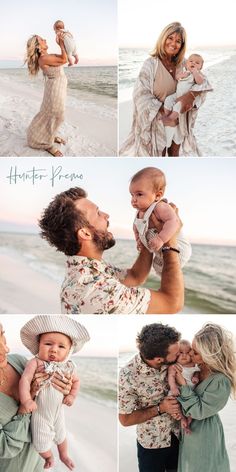 a man and woman holding their baby on the beach