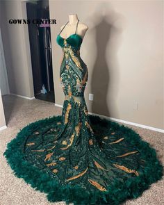 Dark Green And Gold Sequined Lace Feathers Prom Dresses Black Girls Luxury Halter Mermaid Wedding Green And Gold Party, Black Girls Luxury, Green Prom Dress Long, Emerald Green Prom Dress, Feather Prom Dress, Gold Party Dress, Lace Prom Dresses, Gorgeous Prom Dresses, Gold Prom Dresses