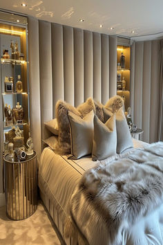 Neutral-toned baddie bedroom with plush bedding, fur accents, and a backlit shelving unit showcasing luxury items. Fur Bedroom Decor, Guest Bedroom Ideas Modern Luxury, Latest Beds, Bougie Bedroom, Neutral Bedroom Bedding, Glam Bedrooms, Glam Bedroom Decor Luxury, Women Bedroom Ideas Grown, Crushed Velvet Bedroom Ideas