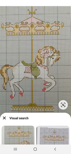 the cross stitch pattern shows an image of a unicorn on a carousel, and it appears to be in progress