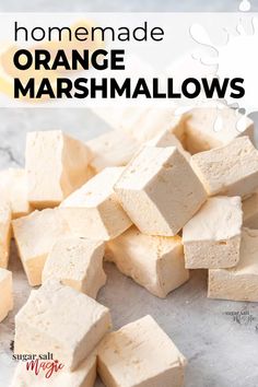 homemade orange marshmallows stacked on top of each other with text overlay