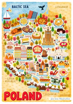 an illustrated map of the state of poland with all its attractions and landmarks in it