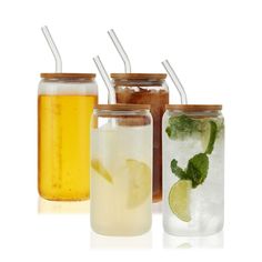 three mason jars filled with lemonade, limeade and iced tea are lined up in front of each other