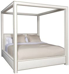 a white four poster bed with pillows and blankets on it's sides, in front of a white background