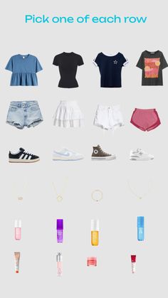 various items are arranged in the shape of an arrow, including shorts and shoes with text that reads pick one of each row