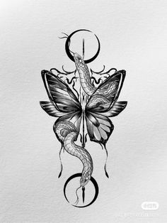 a black and white drawing of a butterfly with a snake on it's back