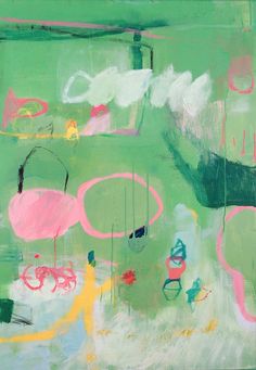 an abstract painting with green and pink colors