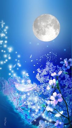 an image of a full moon in the sky with flowers and butterflies on it's side