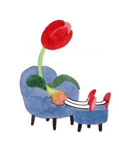 a drawing of a person laying on a blue chair with a red flower sticking out of it