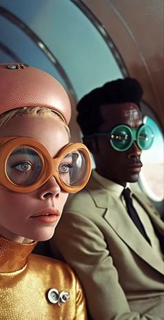 two people wearing goggles and sitting in an airplane with their heads turned to look like they are looking out the window