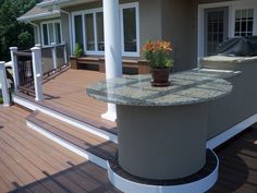 a potted plant sitting on top of a counter next to a wooden deck with white railings