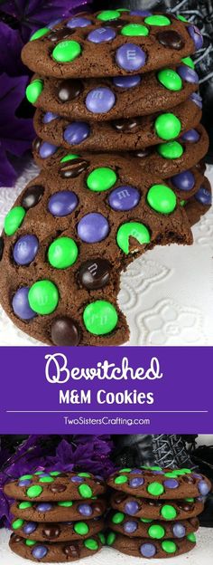 chocolate cookies with green and purple frosting are stacked up on top of each other