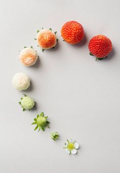 three strawberries are arranged in the shape of a heart and four smaller ones have flowers on them