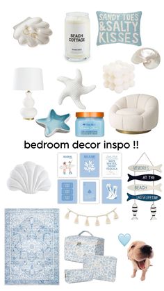 the bedroom decor is displayed with blue and white accents, such as starfishs, pillows