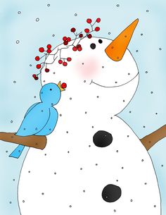 a snowman with a blue bird sitting on it's head and another bird perched on the branch