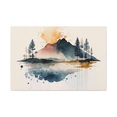 a watercolor painting with trees and mountains in the background