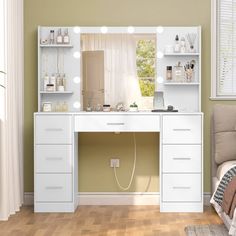 a white vanity with lights on it in a room next to a chair and window