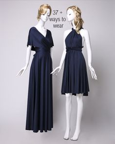 two mannequins dressed in blue dresses with the words 37 + ways to wear