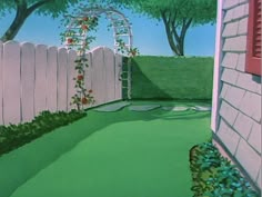 a painting of a backyard with a white fence