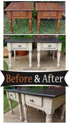 before and after photos of an old table with black paint on the top, then painted white