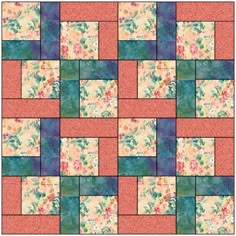 a square quilt with many different colors and patterns on the fabric, including pinks, blue