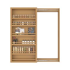 an open wooden cabinet with spices and condiments on the shelves, isolated against a white background