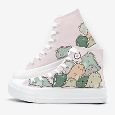 Features: 

Step into the prehistoric era with these Chubby Dinosaurs High Top Canvas Shoes! Whether you're running errands, hanging out with friends, or just want to add some extra cuteness to your shoe collection!
Made with high-quality canvas material so it is more long-lasting and water-resistant. The outsole material is made with rubber, giving it added protection against outside elements such as dirt and water.

**These customized shoes are handcrafted and are only created after an order i Cartoon Print High-top Sneakers, Cartoon Print Sneakers With Round Toe, Cartoon Sneakers With Rubber Sole And Round Toe, Fun Low-top Sneakers With Cartoon Print, Fun Cartoon Print Sneakers With Round Toe, Cute High-top Sneakers With Cartoon Print, Cute Converse Shoes, Cute Converse, Kawaii Dinosaur